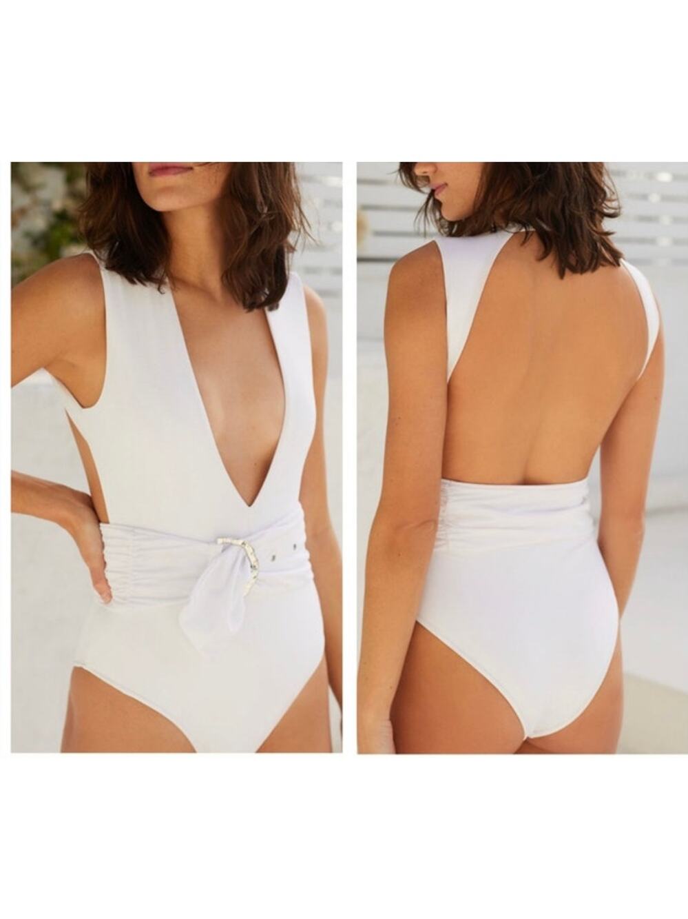 REVEL REY DEAN BELTED ONE-PIECE SWIMSUIT NWT SIZE LARGE IRIDESCENT WHITE LUREX